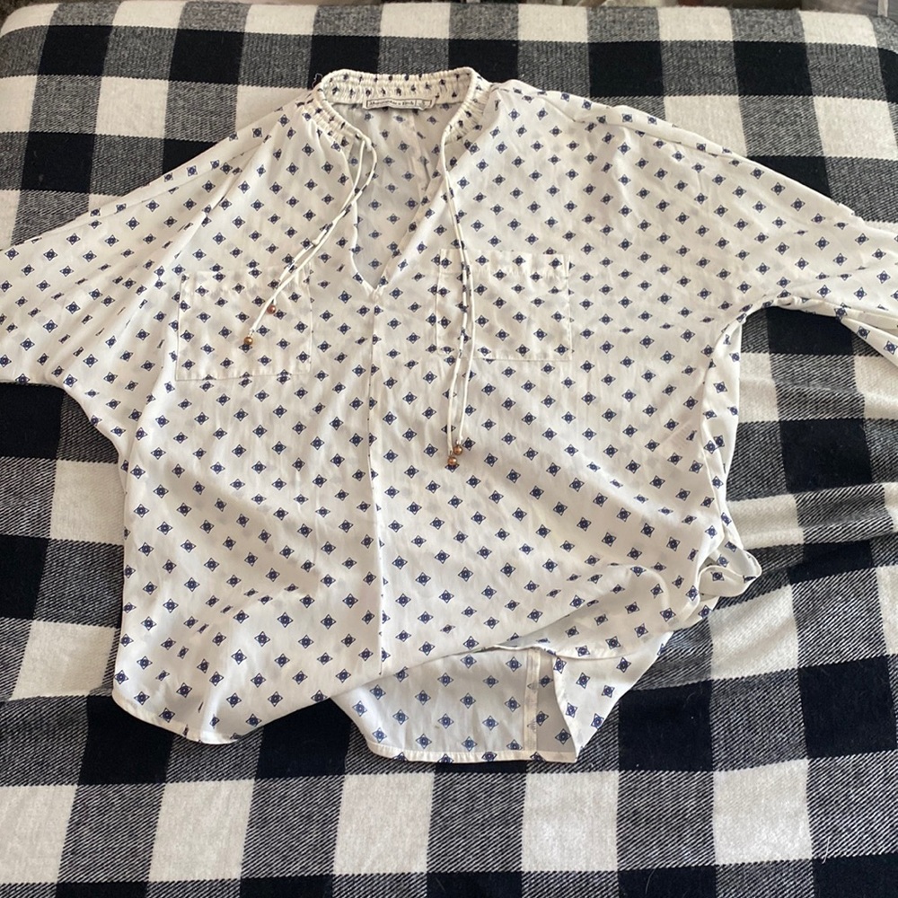 Blouse shirt, Blue, white, orange
